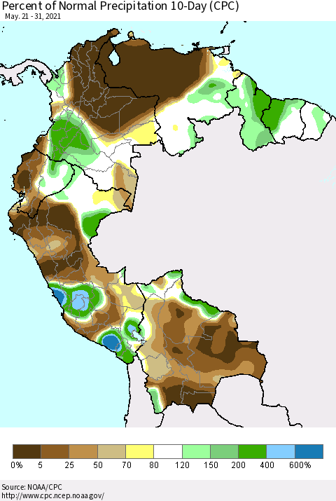 Northern South America Percent of Normal Precipitation 10-Day (CPC) Thematic Map For 5/21/2021 - 5/31/2021