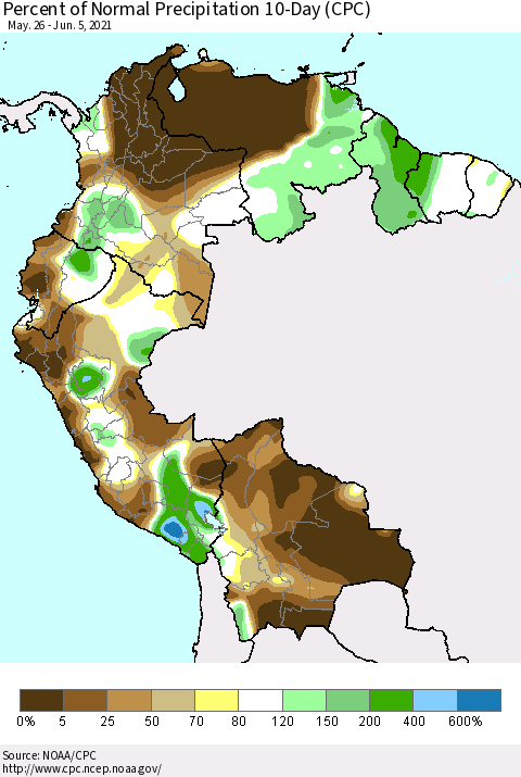 Northern South America Percent of Normal Precipitation 10-Day (CPC) Thematic Map For 5/26/2021 - 6/5/2021