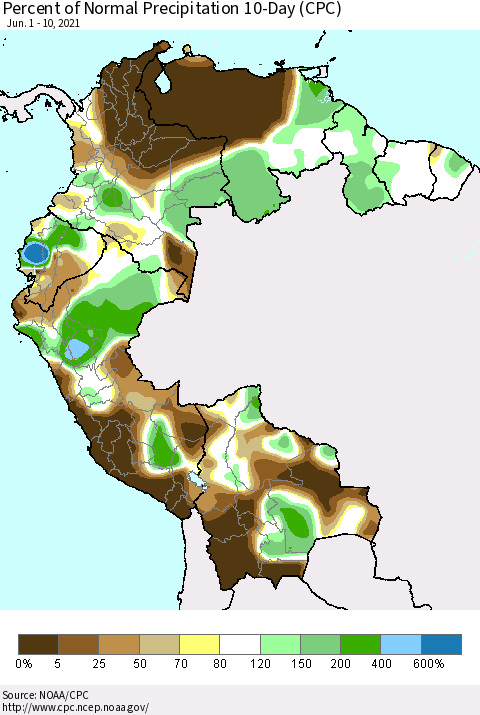 Northern South America Percent of Normal Precipitation 10-Day (CPC) Thematic Map For 6/1/2021 - 6/10/2021