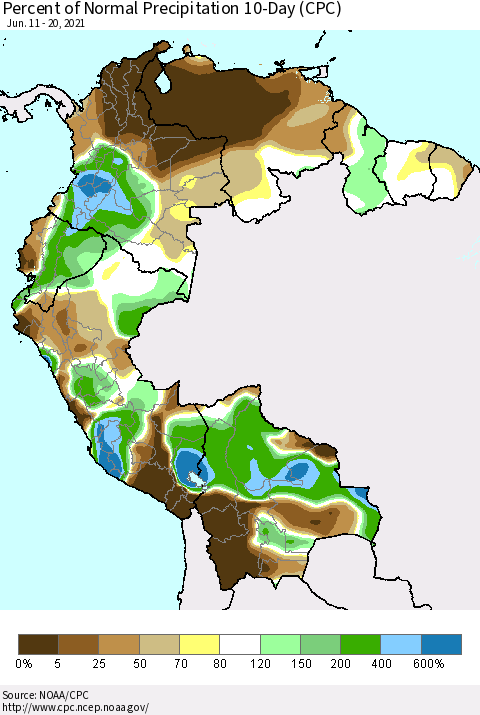 Northern South America Percent of Normal Precipitation 10-Day (CPC) Thematic Map For 6/11/2021 - 6/20/2021