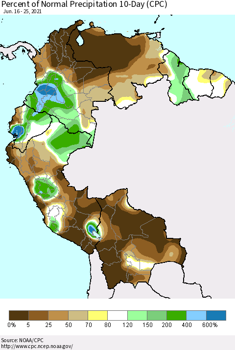 Northern South America Percent of Normal Precipitation 10-Day (CPC) Thematic Map For 6/16/2021 - 6/25/2021