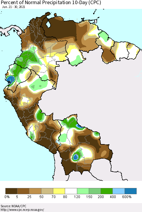 Northern South America Percent of Normal Precipitation 10-Day (CPC) Thematic Map For 6/21/2021 - 6/30/2021