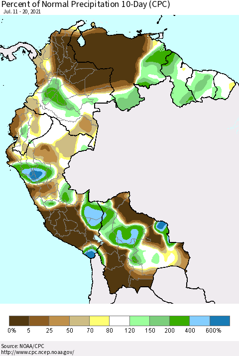 Northern South America Percent of Normal Precipitation 10-Day (CPC) Thematic Map For 7/11/2021 - 7/20/2021