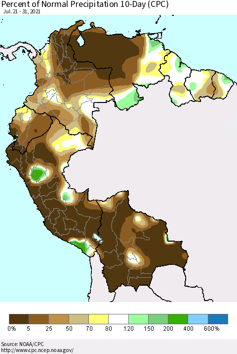 Northern South America Percent of Normal Precipitation 10-Day (CPC) Thematic Map For 7/21/2021 - 7/31/2021