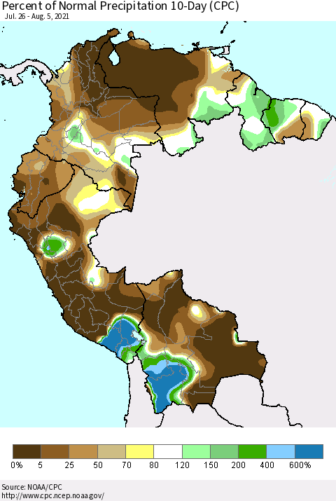 Northern South America Percent of Normal Precipitation 10-Day (CPC) Thematic Map For 7/26/2021 - 8/5/2021
