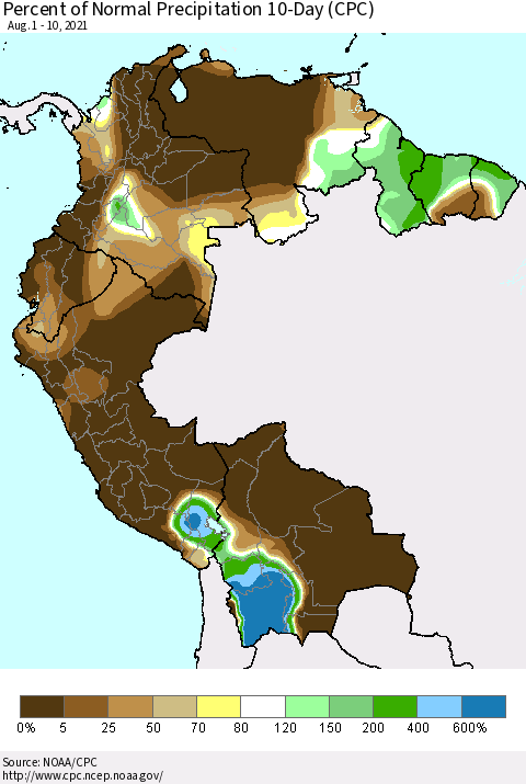 Northern South America Percent of Normal Precipitation 10-Day (CPC) Thematic Map For 8/1/2021 - 8/10/2021