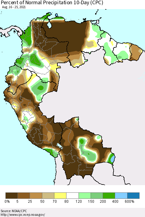 Northern South America Percent of Normal Precipitation 10-Day (CPC) Thematic Map For 8/16/2021 - 8/25/2021