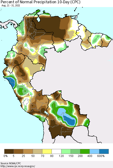 Northern South America Percent of Normal Precipitation 10-Day (CPC) Thematic Map For 8/21/2021 - 8/31/2021