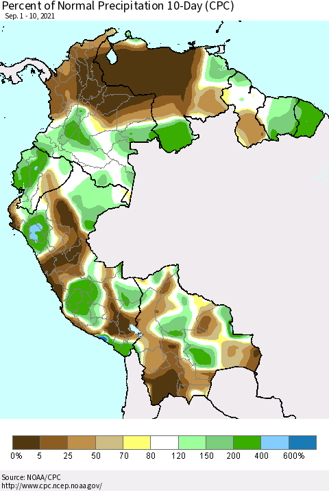 Northern South America Percent of Normal Precipitation 10-Day (CPC) Thematic Map For 9/1/2021 - 9/10/2021