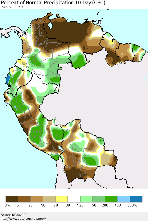Northern South America Percent of Normal Precipitation 10-Day (CPC) Thematic Map For 9/6/2021 - 9/15/2021