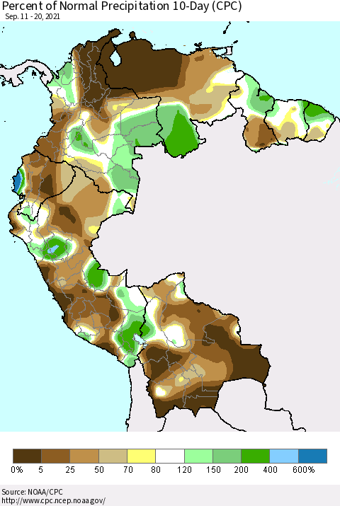 Northern South America Percent of Normal Precipitation 10-Day (CPC) Thematic Map For 9/11/2021 - 9/20/2021