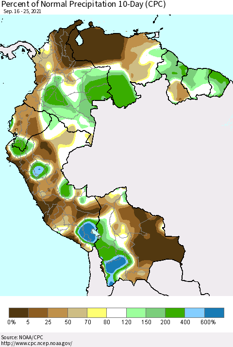 Northern South America Percent of Normal Precipitation 10-Day (CPC) Thematic Map For 9/16/2021 - 9/25/2021