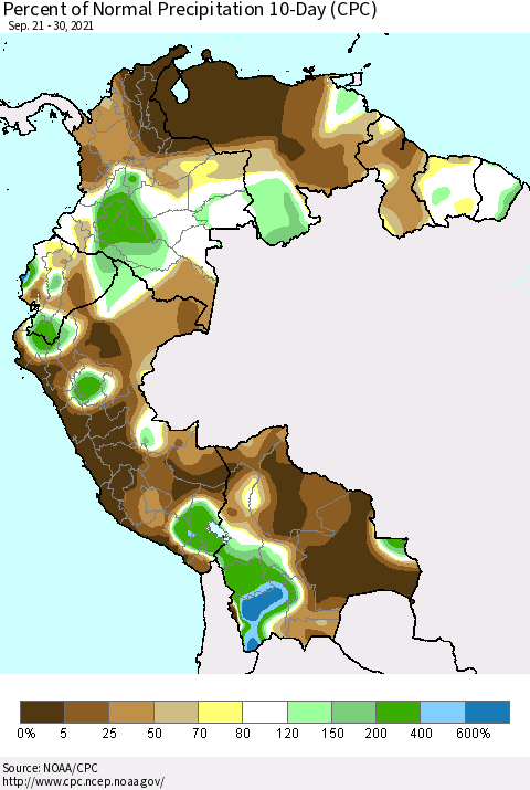 Northern South America Percent of Normal Precipitation 10-Day (CPC) Thematic Map For 9/21/2021 - 9/30/2021