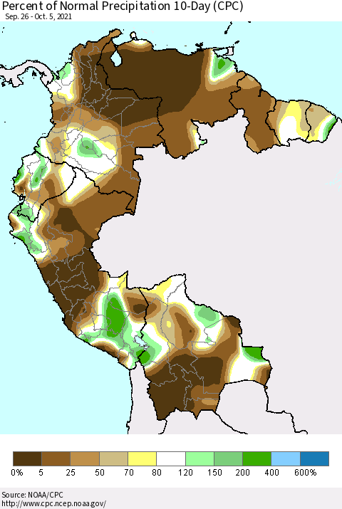 Northern South America Percent of Normal Precipitation 10-Day (CPC) Thematic Map For 9/26/2021 - 10/5/2021