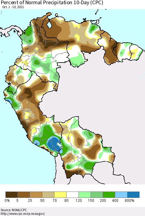 Northern South America Percent of Normal Precipitation 10-Day (CPC) Thematic Map For 10/1/2021 - 10/10/2021
