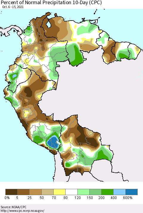 Northern South America Percent of Normal Precipitation 10-Day (CPC) Thematic Map For 10/6/2021 - 10/15/2021