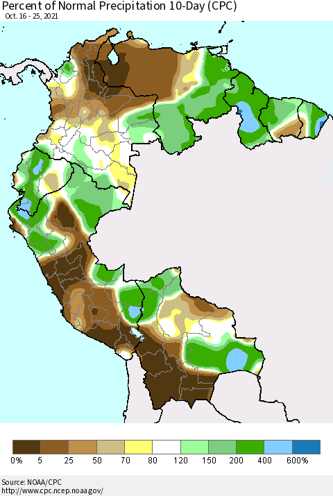 Northern South America Percent of Normal Precipitation 10-Day (CPC) Thematic Map For 10/16/2021 - 10/25/2021