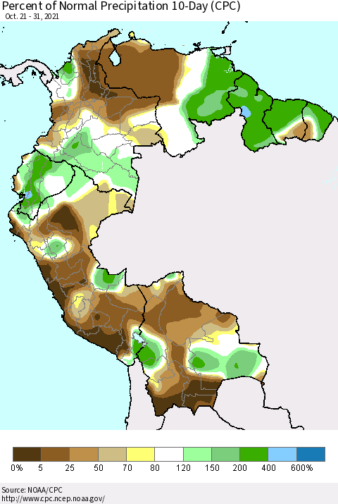 Northern South America Percent of Normal Precipitation 10-Day (CPC) Thematic Map For 10/21/2021 - 10/31/2021