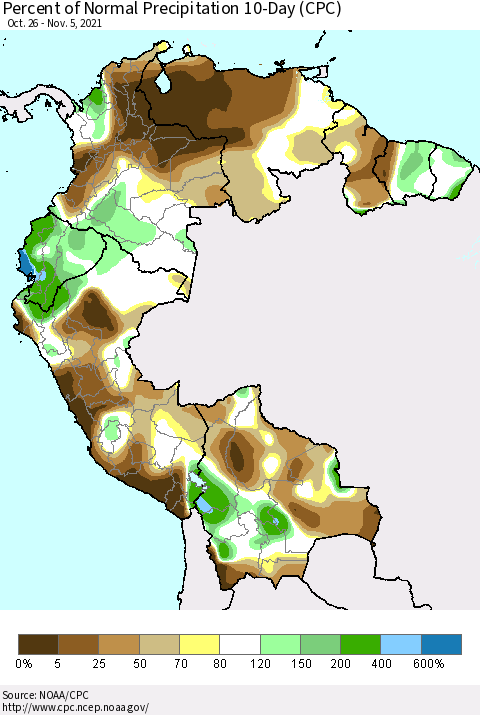 Northern South America Percent of Normal Precipitation 10-Day (CPC) Thematic Map For 10/26/2021 - 11/5/2021
