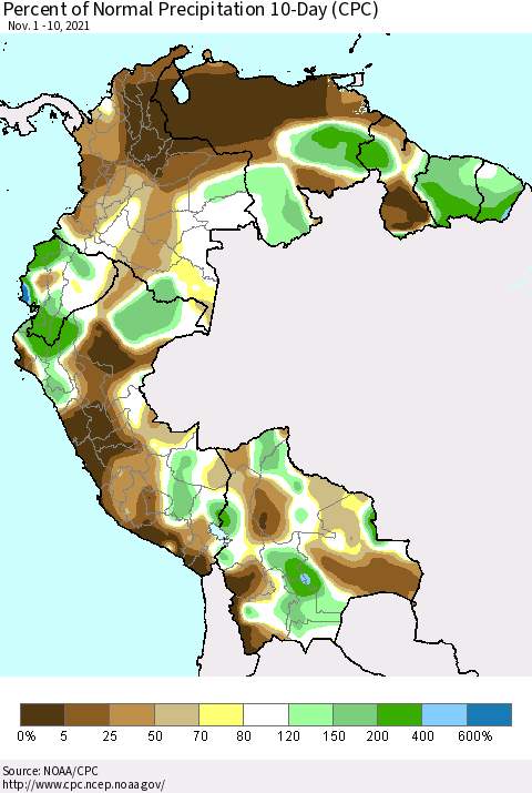 Northern South America Percent of Normal Precipitation 10-Day (CPC) Thematic Map For 11/1/2021 - 11/10/2021