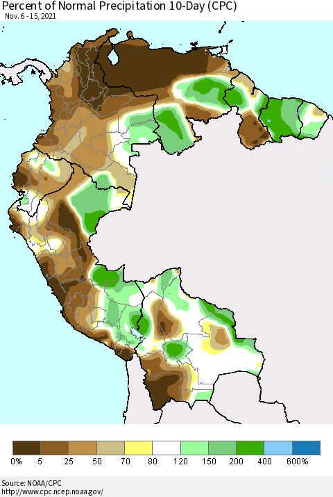 Northern South America Percent of Normal Precipitation 10-Day (CPC) Thematic Map For 11/6/2021 - 11/15/2021