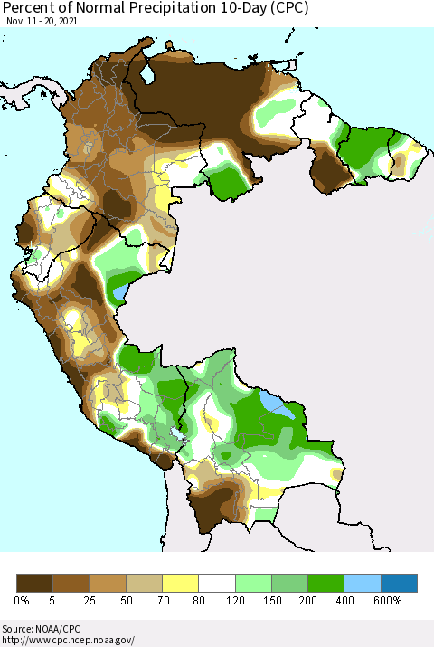 Northern South America Percent of Normal Precipitation 10-Day (CPC) Thematic Map For 11/11/2021 - 11/20/2021