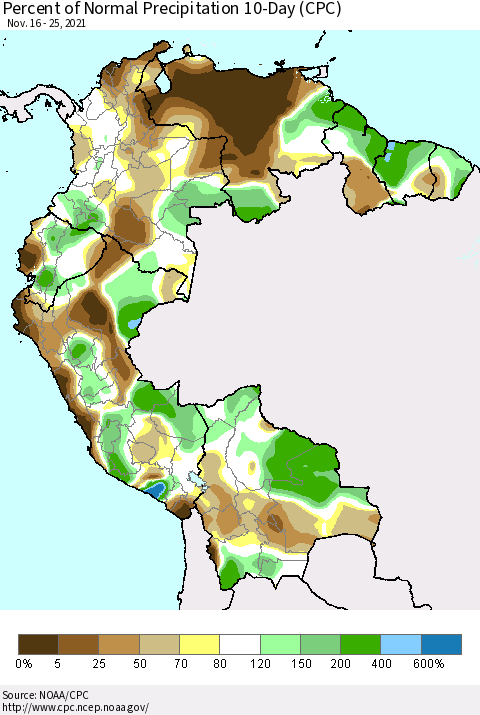 Northern South America Percent of Normal Precipitation 10-Day (CPC) Thematic Map For 11/16/2021 - 11/25/2021