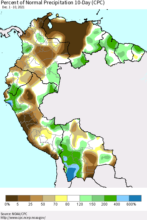 Northern South America Percent of Normal Precipitation 10-Day (CPC) Thematic Map For 12/1/2021 - 12/10/2021