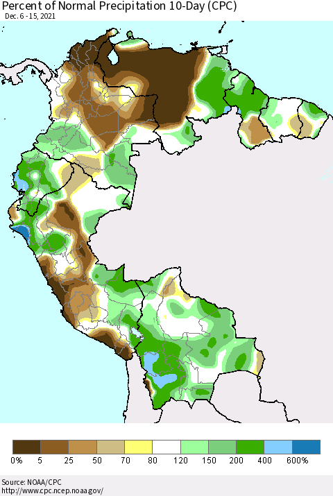 Northern South America Percent of Normal Precipitation 10-Day (CPC) Thematic Map For 12/6/2021 - 12/15/2021