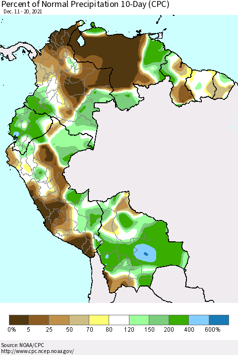 Northern South America Percent of Normal Precipitation 10-Day (CPC) Thematic Map For 12/11/2021 - 12/20/2021