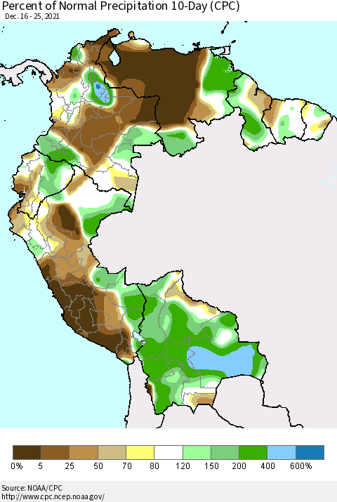 Northern South America Percent of Normal Precipitation 10-Day (CPC) Thematic Map For 12/16/2021 - 12/25/2021