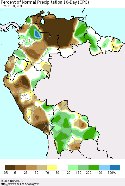 Northern South America Percent of Normal Precipitation 10-Day (CPC) Thematic Map For 12/21/2021 - 12/31/2021