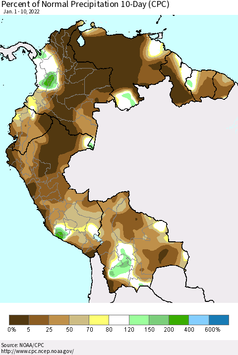 Northern South America Percent of Normal Precipitation 10-Day (CPC) Thematic Map For 1/1/2022 - 1/10/2022