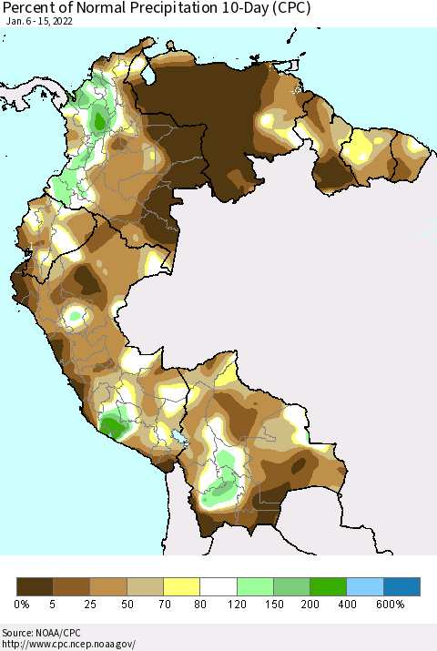 Northern South America Percent of Normal Precipitation 10-Day (CPC) Thematic Map For 1/6/2022 - 1/15/2022