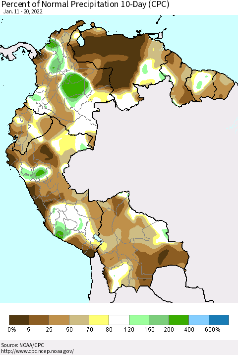 Northern South America Percent of Normal Precipitation 10-Day (CPC) Thematic Map For 1/11/2022 - 1/20/2022