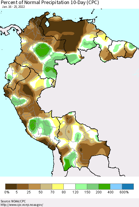 Northern South America Percent of Normal Precipitation 10-Day (CPC) Thematic Map For 1/16/2022 - 1/25/2022