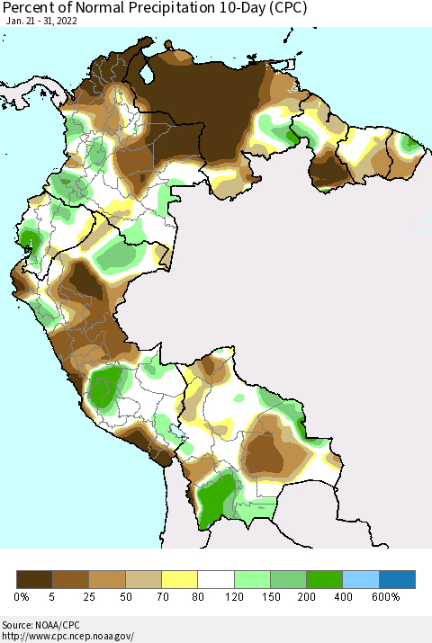 Northern South America Percent of Normal Precipitation 10-Day (CPC) Thematic Map For 1/21/2022 - 1/31/2022