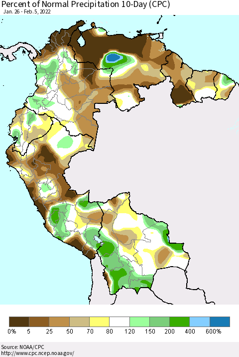Northern South America Percent of Normal Precipitation 10-Day (CPC) Thematic Map For 1/26/2022 - 2/5/2022