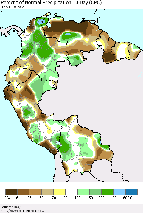 Northern South America Percent of Normal Precipitation 10-Day (CPC) Thematic Map For 2/1/2022 - 2/10/2022