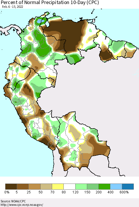 Northern South America Percent of Normal Precipitation 10-Day (CPC) Thematic Map For 2/6/2022 - 2/15/2022