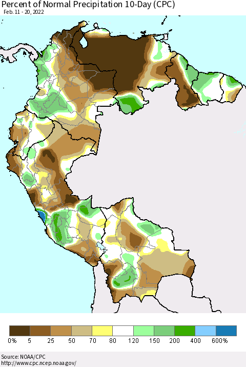 Northern South America Percent of Normal Precipitation 10-Day (CPC) Thematic Map For 2/11/2022 - 2/20/2022