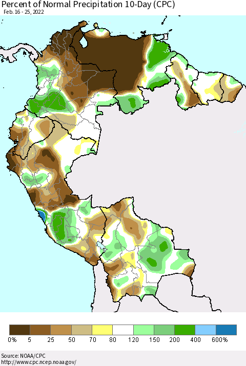 Northern South America Percent of Normal Precipitation 10-Day (CPC) Thematic Map For 2/16/2022 - 2/25/2022