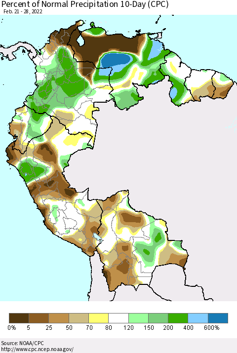 Northern South America Percent of Normal Precipitation 10-Day (CPC) Thematic Map For 2/21/2022 - 2/28/2022