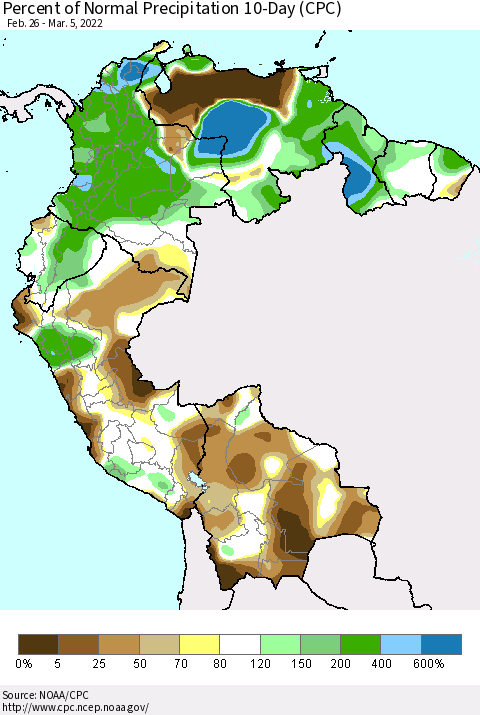 Northern South America Percent of Normal Precipitation 10-Day (CPC) Thematic Map For 2/26/2022 - 3/5/2022