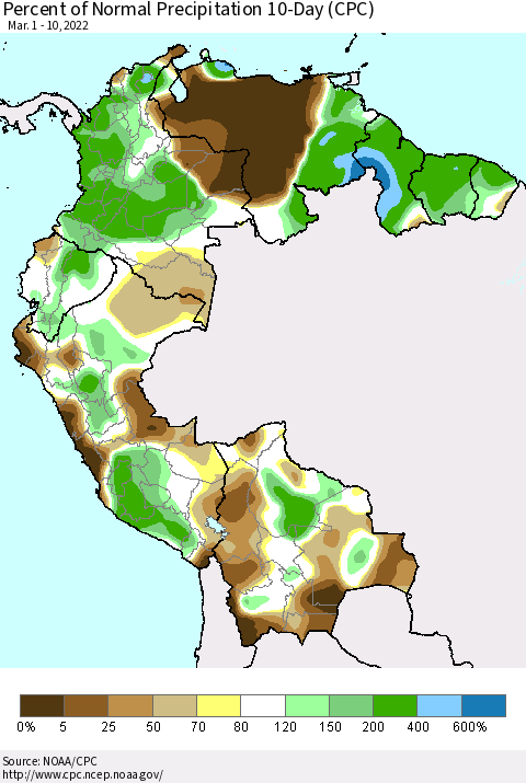 Northern South America Percent of Normal Precipitation 10-Day (CPC) Thematic Map For 3/1/2022 - 3/10/2022