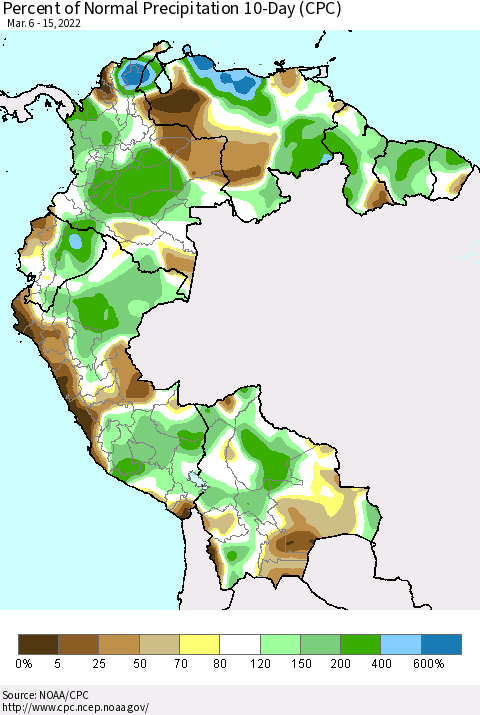 Northern South America Percent of Normal Precipitation 10-Day (CPC) Thematic Map For 3/6/2022 - 3/15/2022