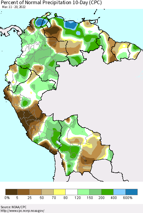 Northern South America Percent of Normal Precipitation 10-Day (CPC) Thematic Map For 3/11/2022 - 3/20/2022