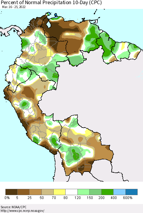 Northern South America Percent of Normal Precipitation 10-Day (CPC) Thematic Map For 3/16/2022 - 3/25/2022