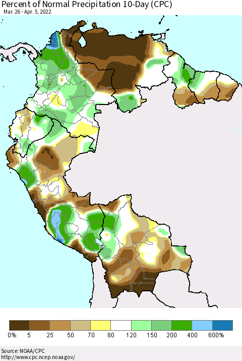 Northern South America Percent of Normal Precipitation 10-Day (CPC) Thematic Map For 3/26/2022 - 4/5/2022