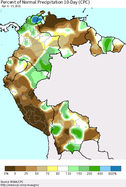 Northern South America Percent of Normal Precipitation 10-Day (CPC) Thematic Map For 4/6/2022 - 4/15/2022